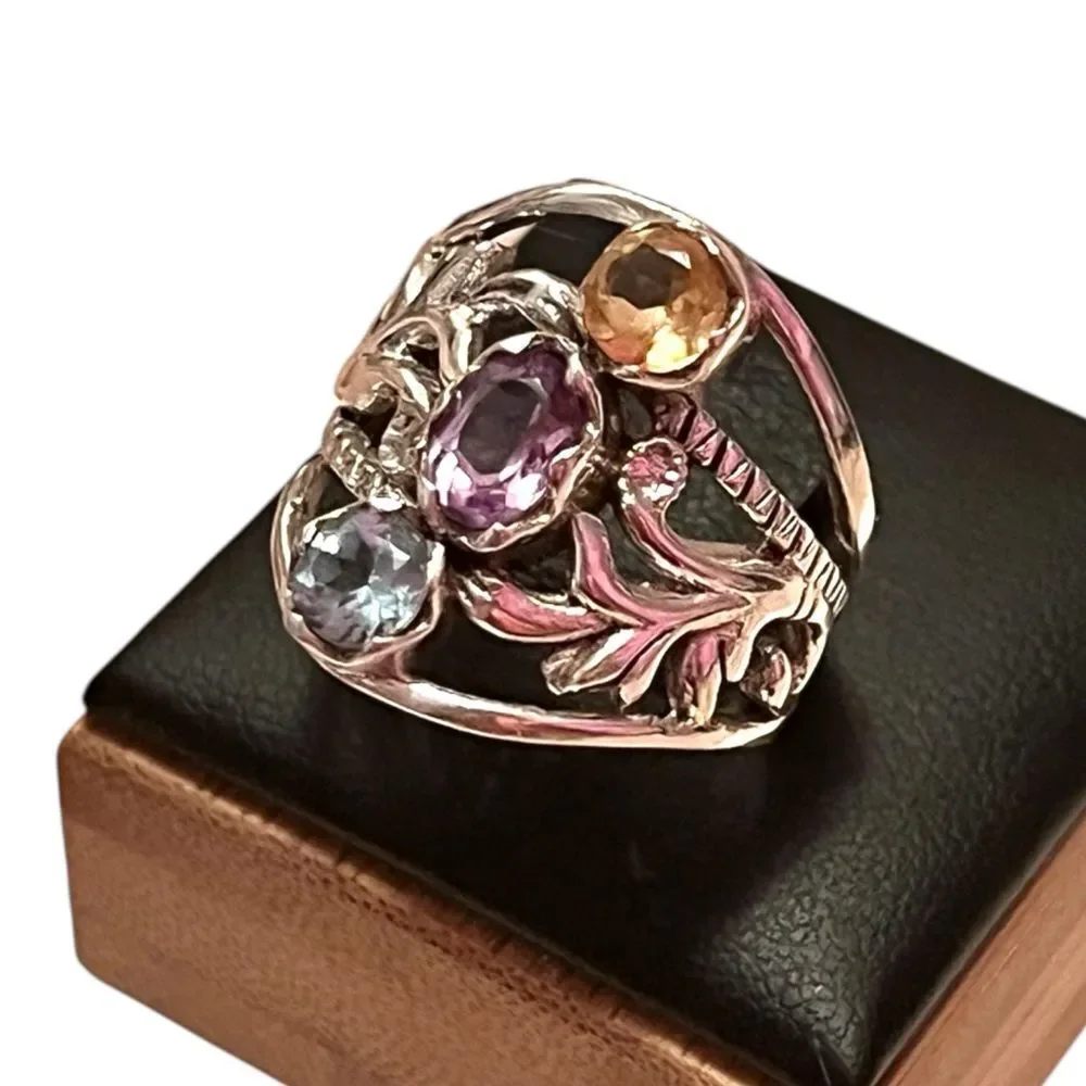 Stunning 925 Sterling Silver Citrine Amethyst Blue Topaz Cocktail Ring Size 8